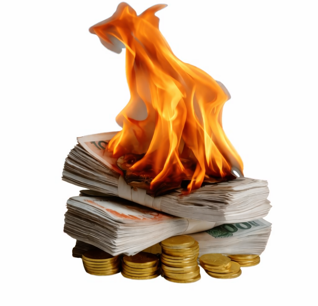Burning money and coins representing AI token waste